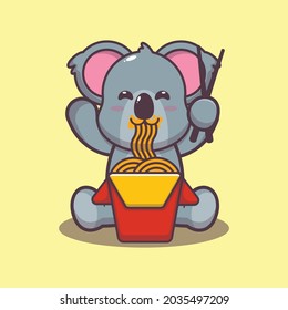 Cute koala eating delicious noodles. Cute animal cartoon illustration. Flat isolated vector illustration for posters, brochures, web, mascots, stickers, logos and icons.