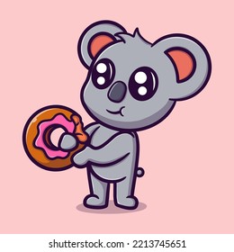 Cute koala eating donut cartoon vector icon illustration