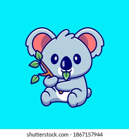 Cute Koala Eating Leaf Cartoon Vector Icon Illustration. Animal Nature Icon Concept Isolated Premium Vector. Flat Cartoon Style