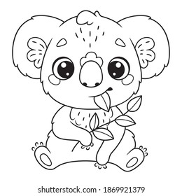 Cute koala eating leaves coloring page. Vector cartoon illustration