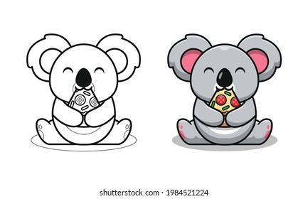 Cute koala eating pizza cartoon coloring pages for kids