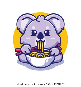 Cute koala eating ramen with chopstick cartoon