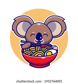 Cute Koala Eating Ramen Noodle With Chopstick Cartoon Vector Icon Illustration. Animal Food Icon Concept Isolated Premium Vector. Flat Cartoon Style