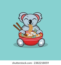 Cute koala eating ramen noodle cartoon vector flat illustration