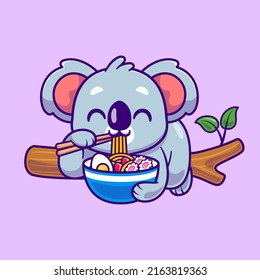 Cute Koala Eating Ramen On Branch Cartoon Vector Icon Illustration. Animal Food Icon Concept Isolated Premium Vector. Flat Cartoon Style