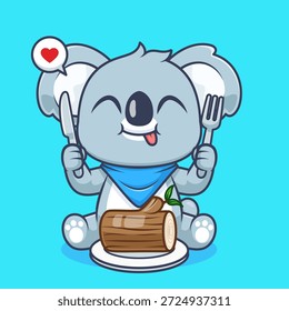 Cute Koala Eating Tree Branch Cartoon Vector Icon Illustration. Animal Nature Icon Concept Isolated Premium Vector. Flat Cartoon Style