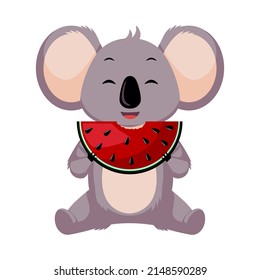 Cute Koala eating watermelon isolated on white background. Cartoon character with food. Design of funny animals sticker for showing emotion. Vector illustration