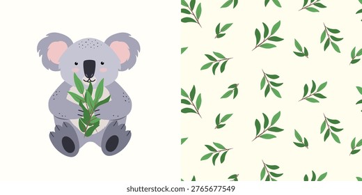 Cute koala eats eucalyptus leaves. Seamless pattern with green leaves. Vector illustration set of clip art and endless background.