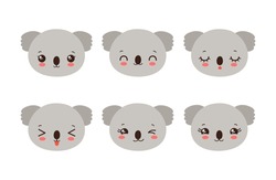 Cute Koala Emoji Icon Set. Messenger Emoticon. Safari Animal Icons. Kawaii Koala Emoji Smile Happy Facial Expressions. Cartoon Animals Vector Signs. Kawaii Anime Comic Style Koala Bear Isolated.