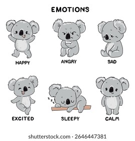 Bonito Koala Emoções Set Vetor Mão Desenhado Esboço para Crianças - Feliz, Zangado, Triste, Empolgado, Sonolento, Calmo