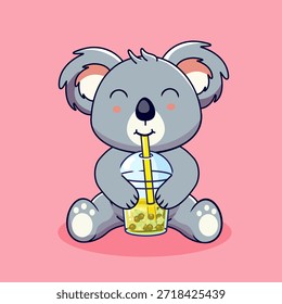 Lindo Koala disfrutando de una refrescante Ilustración vectorial de té de burbujas Diseño de dibujos animados Kawaii