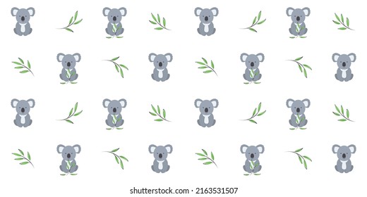 Cute koala with eucalyptus twigs on a white. Endless texture with adorable Australian animal. Vector seamless pattern for cover, wrapping paper, surface texture, nursery room and printing on clothes