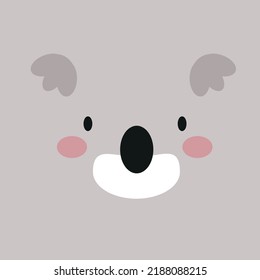 Cute koala face, bear muzzle, animal head, portrait. Nursery character card for childish design of wrapping paper, fabric, textile, poster, graphic, print. Scandinavian cartoon vector illustration