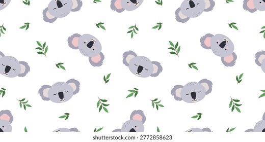 Cute koala face and green eucalyptus leaves. Seamless pattern cute animal. Vector illustration, cartoon background, wallpaper