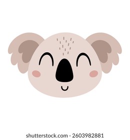 Cute koala face, isolated cartoon animal clipart. Hand drawn vector illustration in flat style