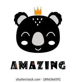 cute koala face and text amazing isolated on white background, cartoon characters of funny animal, scandinavian design style, vector illustration