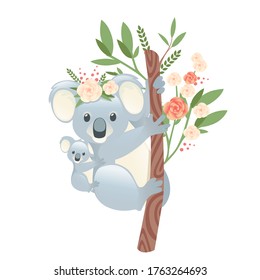 Cute koala family mother with children sit on the tree cartoon animal design flat vector illustration isolated on white background