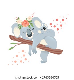 Cute koala family mother with children sleeping on tree branch cartoon animal design flat vector illustration isolated on white background