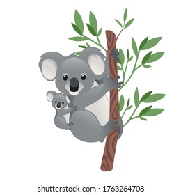 Cute koala family mother with children sit on the tree cartoon animal design flat vector illustration isolated on white background