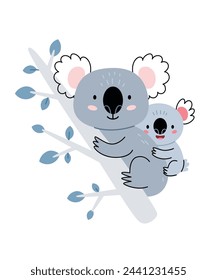 Cute koala family mother with children sit on the tree. Print for baby shower party.