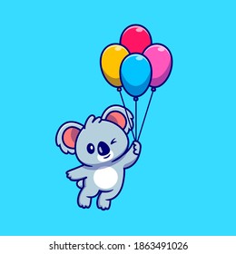 Cute Koala Floating With Balloon Cartoon Vector Icon Illustration. Animal Nature Icon Concept Isolated Premium Vector. Flat Cartoon Style