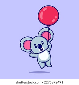 Cute Koala Floating with Balloon Cartoon Vector Icon Illustration. Animal Holiday Icon Concept Isolated Premium Vector. Flat Cartoon Style