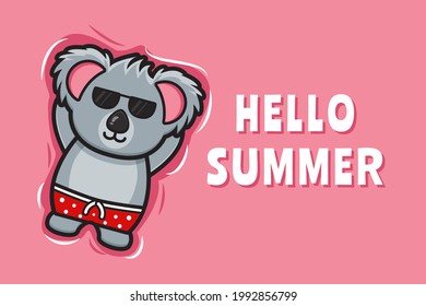 Relajos flotantes de koala lindo con un cartel de saludo de verano caricatura de ilustración vectorial de icono. Diseño aislado en rosa. Estilo de caricatura plano.