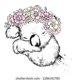 Cute koala in a floral wreath. Flowers, spring, a bouquet of roses and wild rose. Bear. Australia. Vector illustration for postcard or poster, print for clothes.