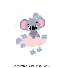 Cute koala with flowers on cloud. Vector print for children room, fabric, paper, greeting card, postcard, card, t shirt, poster, textile. Vector illustration