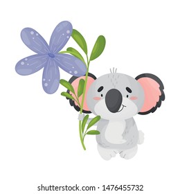 Cute koala with flowers. Vector illustration on white background.