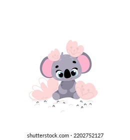 Cute koala in flowers. Vector print for children room, fabric, paper, greeting card, postcard, card, t shirt, poster, textile. Vector illustration