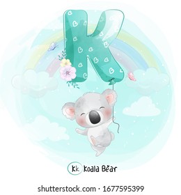 Cute koala flying with alphabet-K balloon