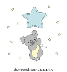 A cute koala is flying a balloon in the sky among the stars.Great for kids apparel, nursery decoration. Vector Illustration