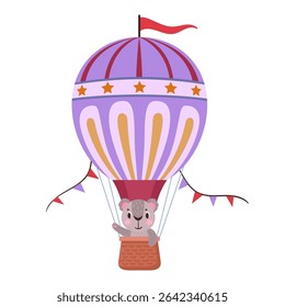 Cute koala flying on hot air balloon. Flying hot air balloon with animal on board flat vector illustration. Koala character flying on retro air transport