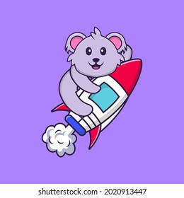 Cute koala flying on rocket. Animal cartoon concept isolated. Can used for t-shirt, greeting card, invitation card or mascot.