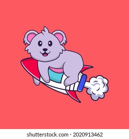 Cute koala flying on rocket. Animal cartoon concept isolated. Can used for t-shirt, greeting card, invitation card or mascot.