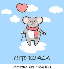 Cute koala flying in the sky with heart balloon