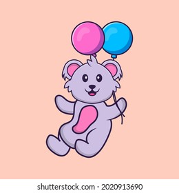Cute koala flying with two balloons. Animal cartoon concept isolated. Can used for t-shirt, greeting card, invitation card or mascot.