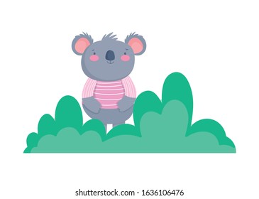 cute koala in fornt of  bush foliage nature cartoon vector illustration