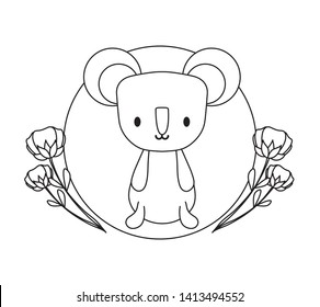 cute koala in frame circular with flowers isolated icon
