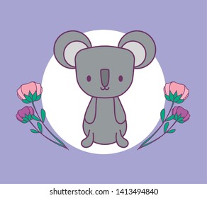 cute koala in frame circular with flowers isolated icon