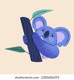 Cute koala. Funny Australian bear with amusing angry face expression, emotion. Adorable lovely baby animal character on tree branch. Childish kids flat vector illustration