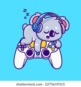 Cute Koala Gamer Sleeping On Controller Game Cartoon Vector Icon Illustration. Animal Technology Icon Concept Isolated Premium Vector. Flat Cartoon Style