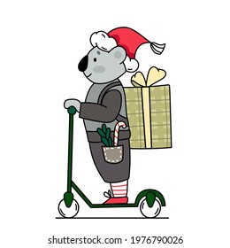 Cute koala with gifts on the scooter. Christmas illustration
