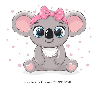 Cute koala girl with a bow. Vector illustration of a cartoon.