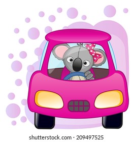 Cute Koala girl is sitting in a car 