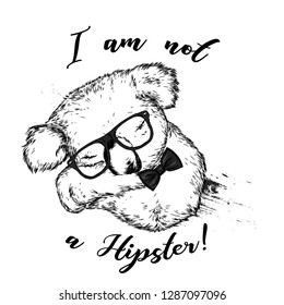 Cute koala in glasses and bow. Bear. Australia. Vector illustration for postcard or poster, print for clothes.