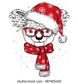 Cute koala with glasses, hat and scarf. Vector illustration. Scarf, hat and glasses. Postcard or poster. Print on clothes. New Year's and Christmas. Bear.