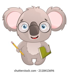 Un bonito koala con gafas sostiene un libro y un lápiz, aislados en un fondo blanco. Un pupilo lindo, un bebé animal. De vuelta a la escuela. Ilustración vectorial en un estilo de acuarela para diseños y patrones.