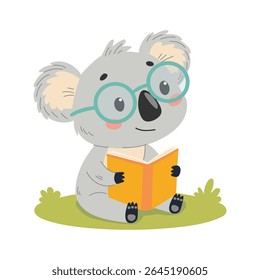 Cute koala in glasses reading a book.  Funny smart wild animal character sitting with book cartoon vector illustration
